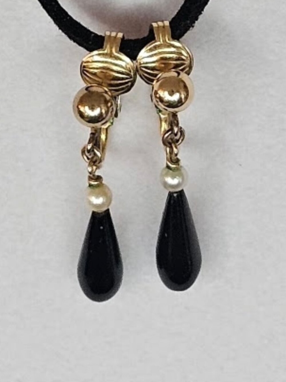 Gold Filled Onyx Drop Earrings, Black Teardrop Pearl Clip On